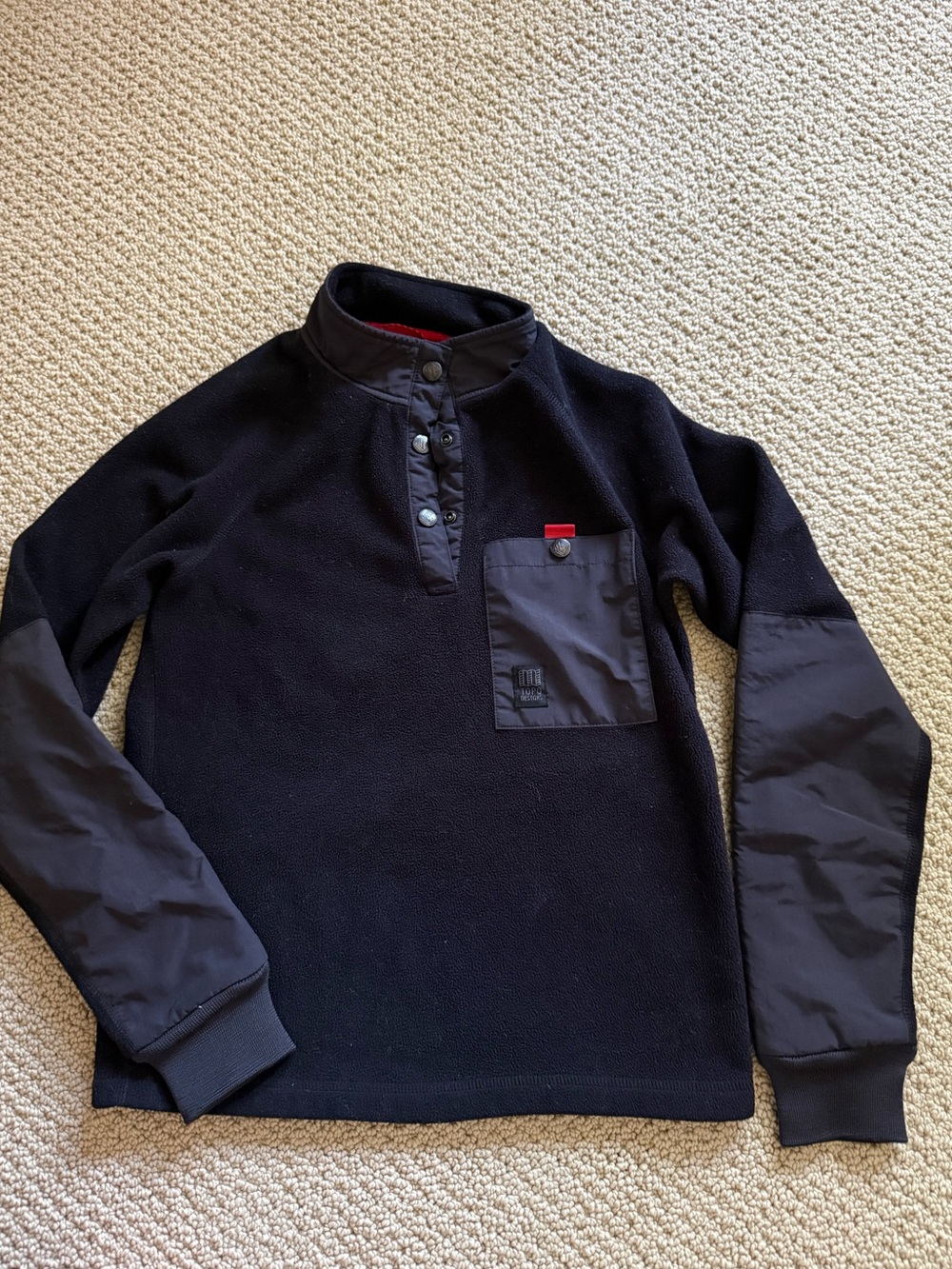 Topo Designs Black Fleece Pullover with Nylon Sleeves and Chest Pocket